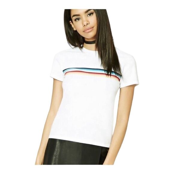 Womens Forever 21 Multi-Colored Rainbow Cotton Striped Shirt - Sz S - Picture 1 of 3